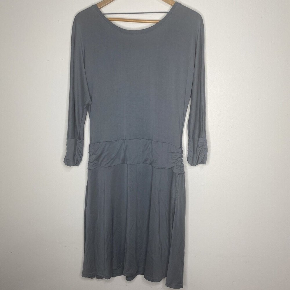New Prana Womens Dress Sleeveless L Blue Gray 3/4 Sleeves Open Back Wrap Style